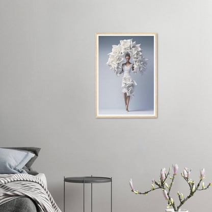 A woman in a white dress with a bouquet of flowers framed in a room