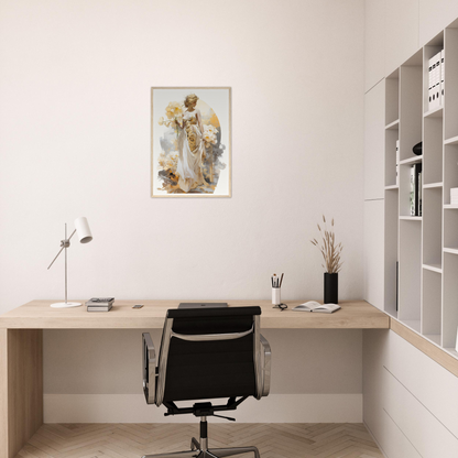 A woman in a white dress sitting at a desk with a book and a cup of coffee art print