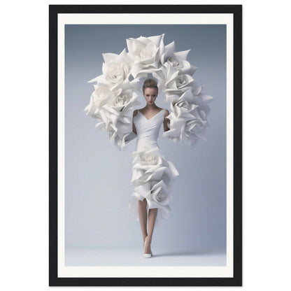 A woman in a white dress with flowers on her head