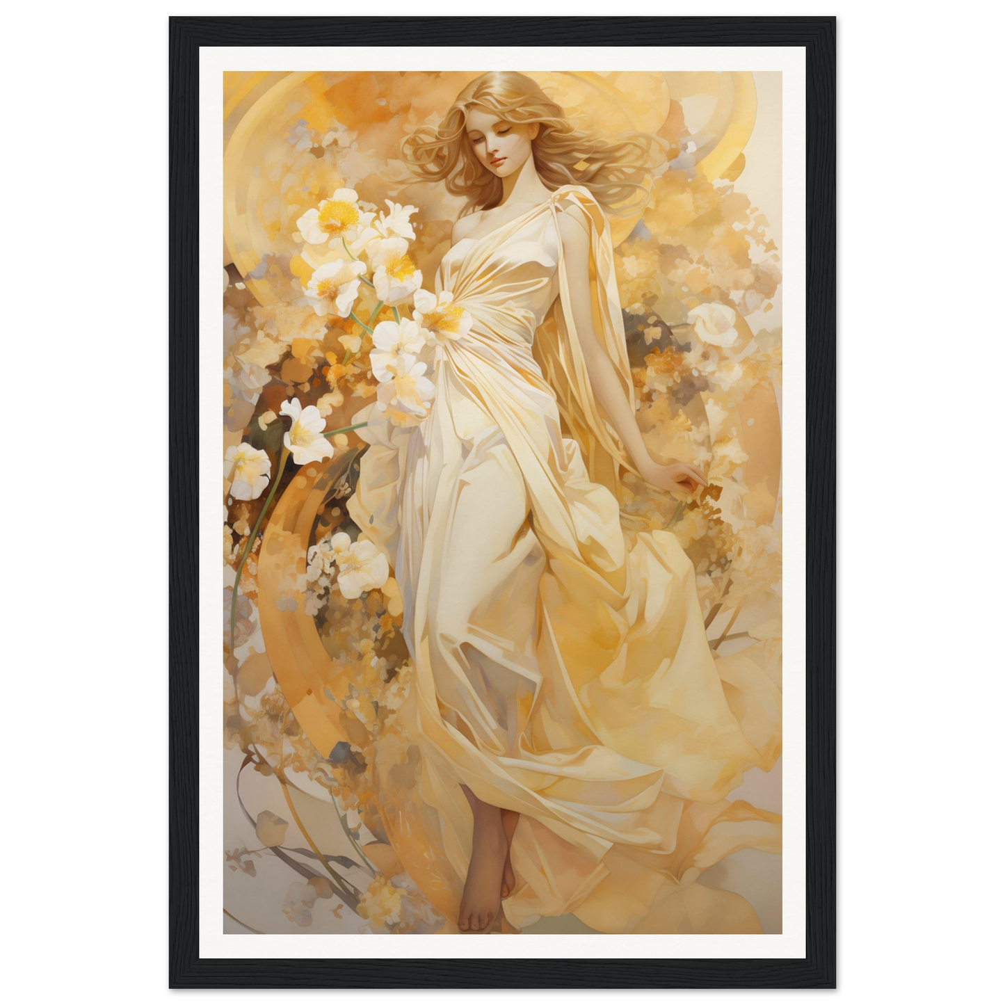 A woman in a white dress with flowers in her hair, framed print