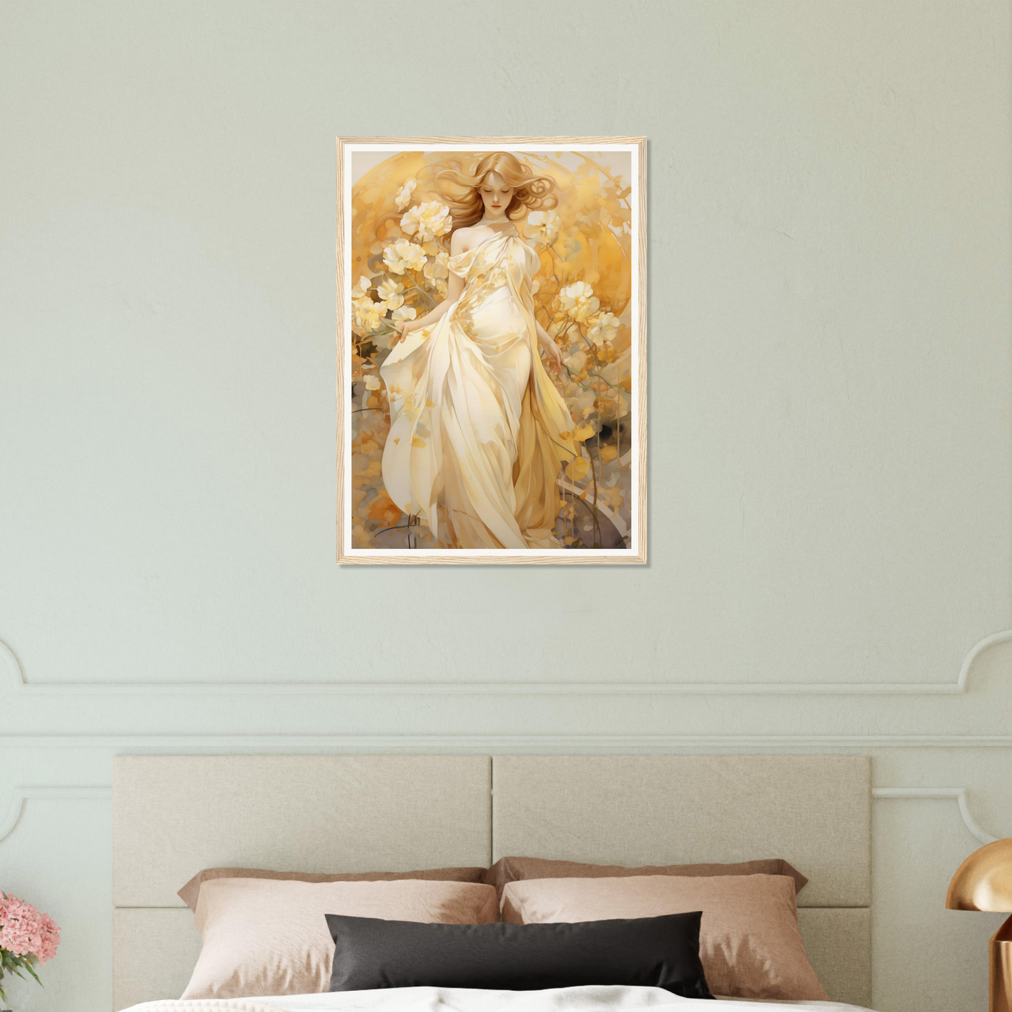 A woman in a white dress with flowers on her head, framed in a bedroom