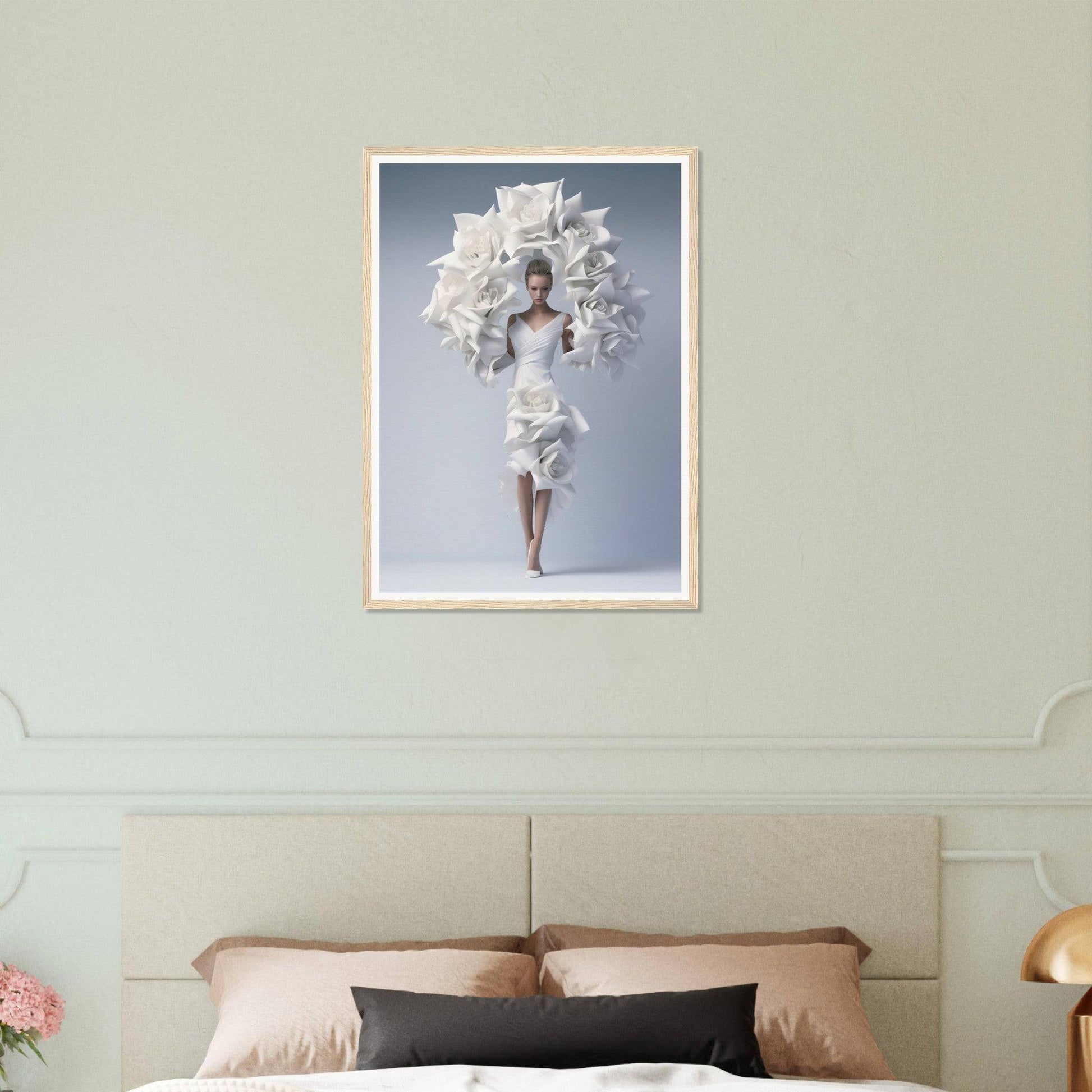 A woman in a white dress with flowers on her head, standing on a bed