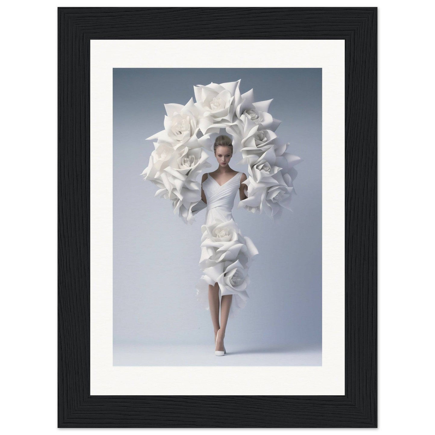 A woman in a white dress with large white flowers on her head