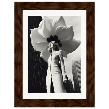 A woman in a white dress and a large flower