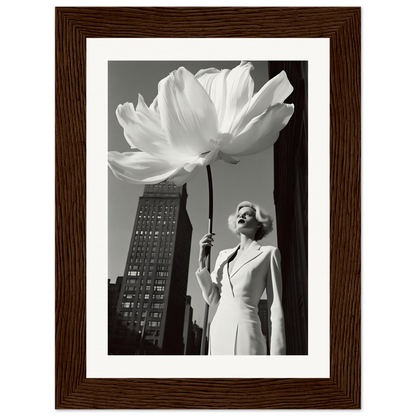 A woman in a white dress holding a large white flower