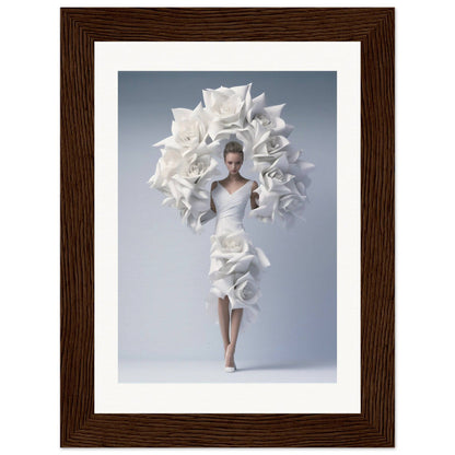 A woman in a white dress with large white flowers on her head