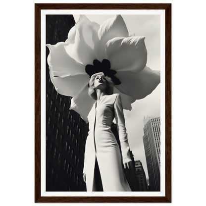 A woman in a white dress holding a large flower