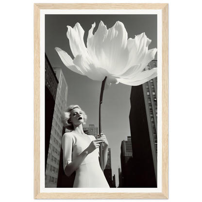 A woman in a white dress holding a large white flower