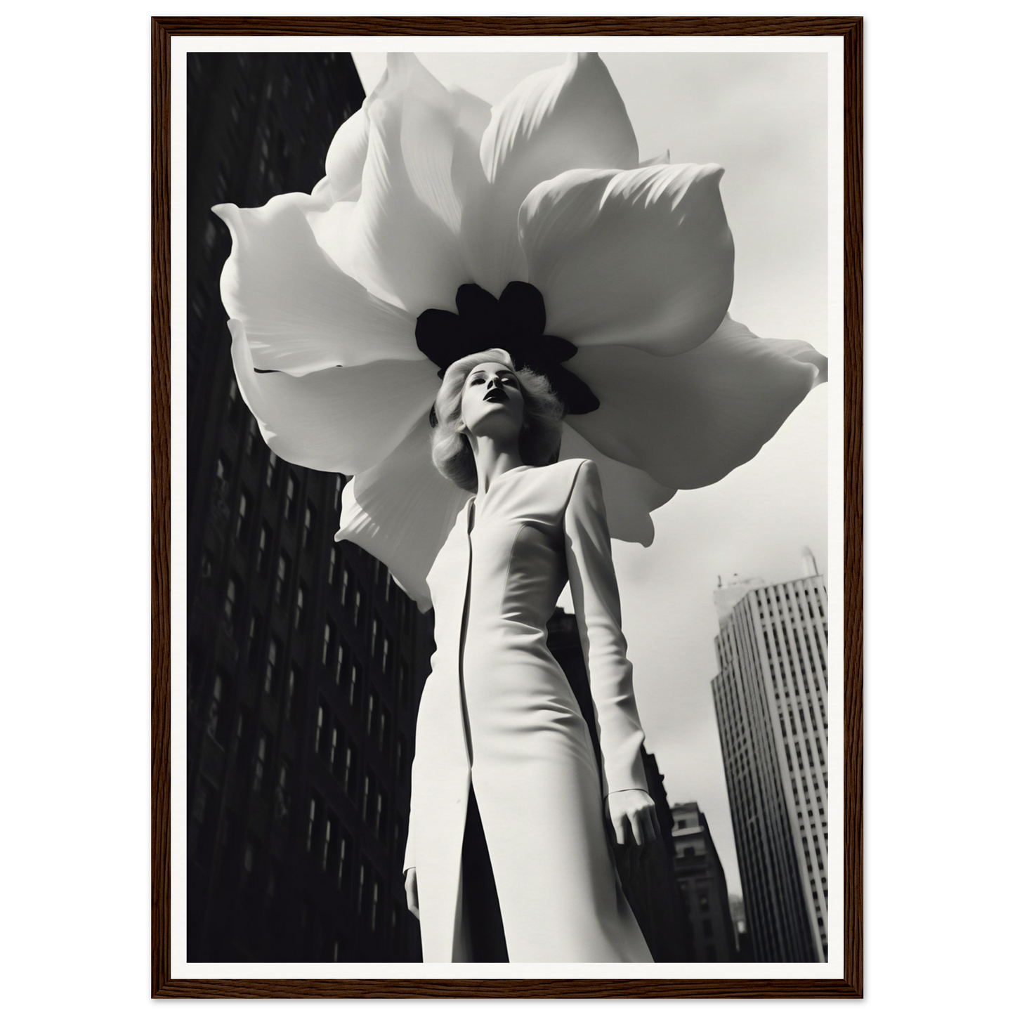 A woman in a white dress and a large flower