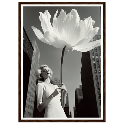 A woman in a white dress holding a large white flower