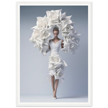 A woman in a white dress with large white flowers