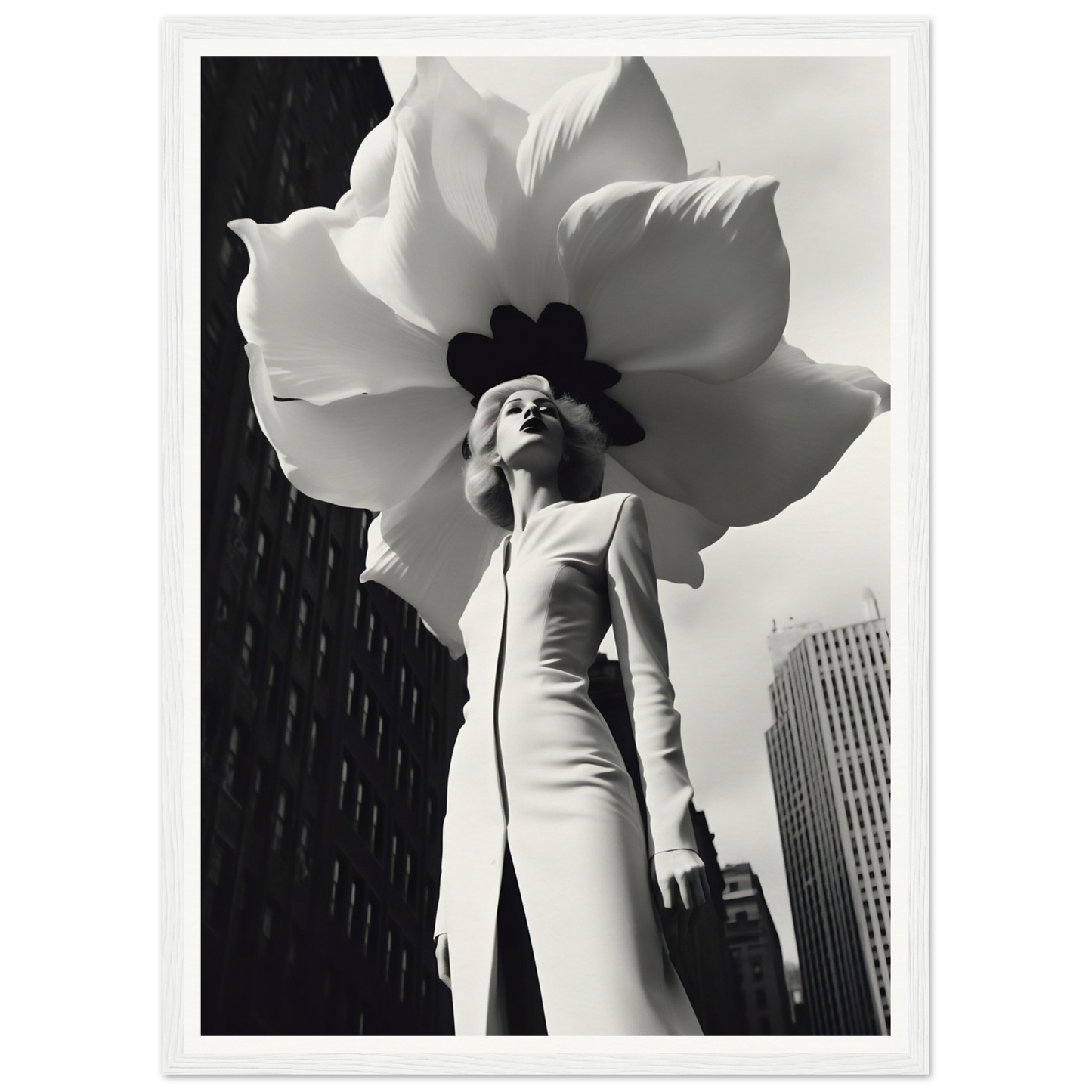 A woman in a white dress and a large flower