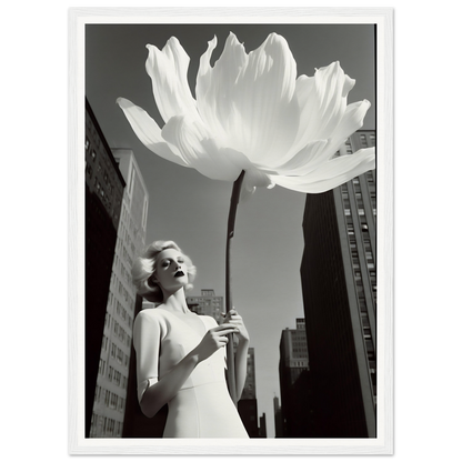 A woman in a white dress holding a large white flower