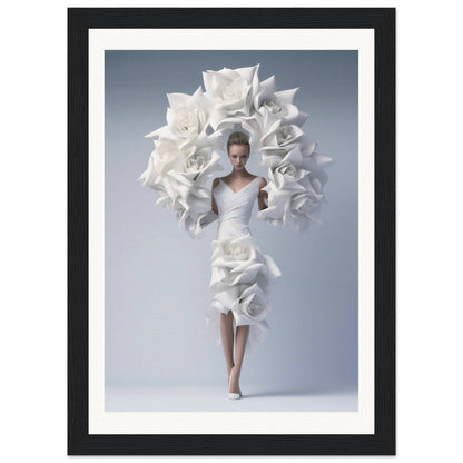 A woman in a white dress with large white flowers on her head