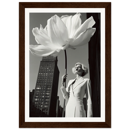 A woman in a white dress holding a large white flower