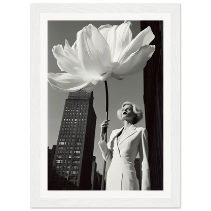 A woman in a white dress holding a large white flower