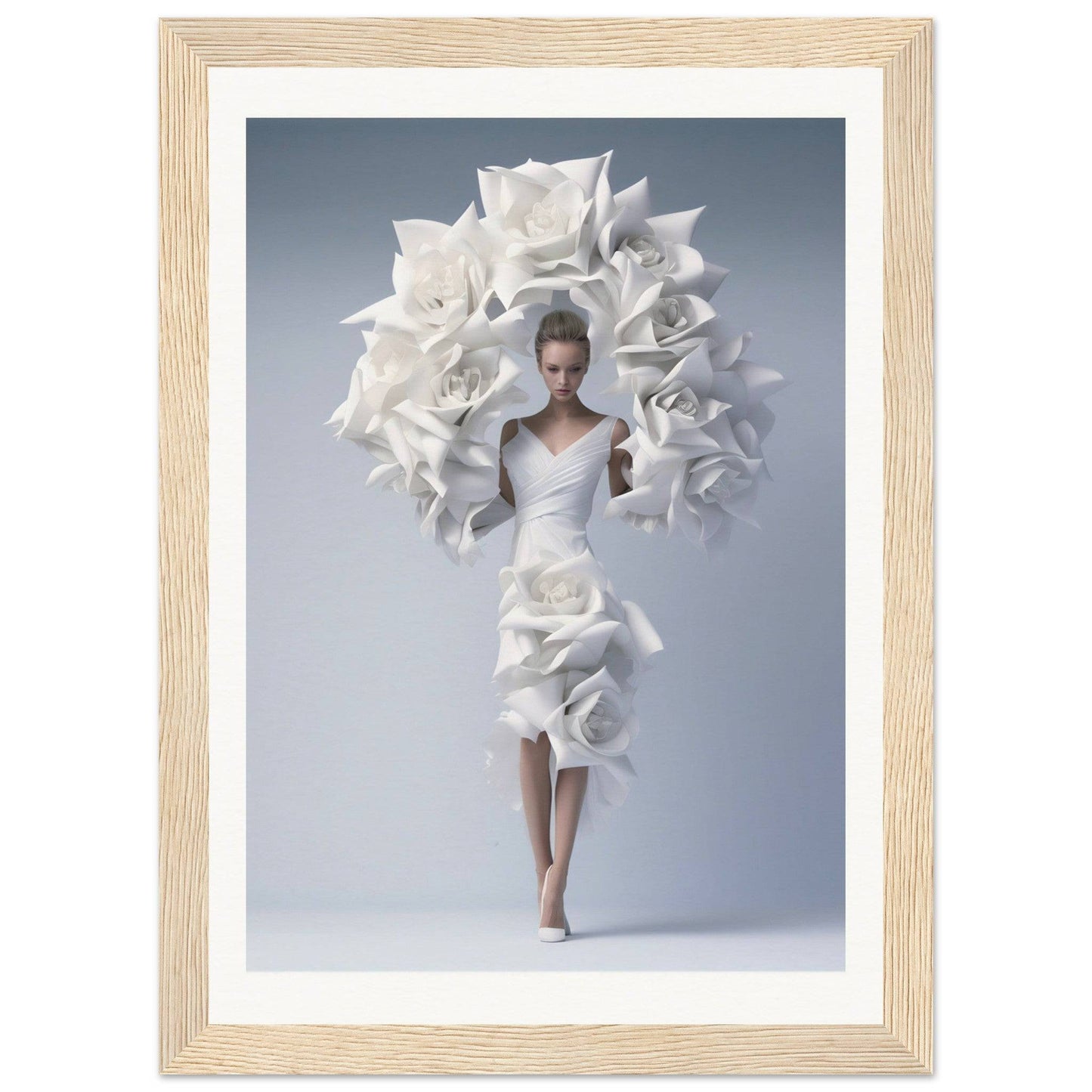 A woman in a white dress with large white flowers on her head