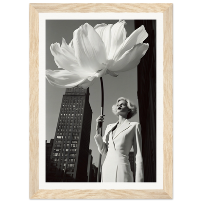 A woman in a white dress holding a large white flower