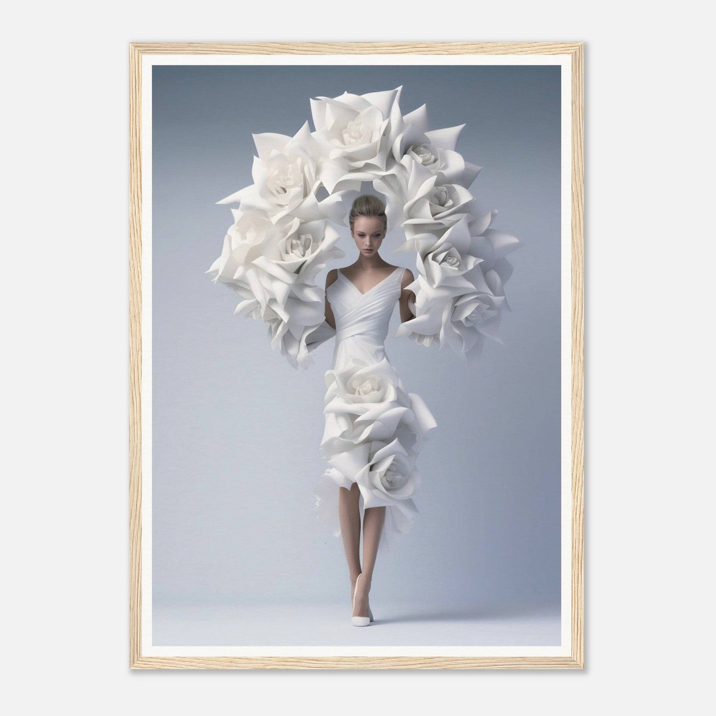 A woman in a white dress with large white flowers on her head