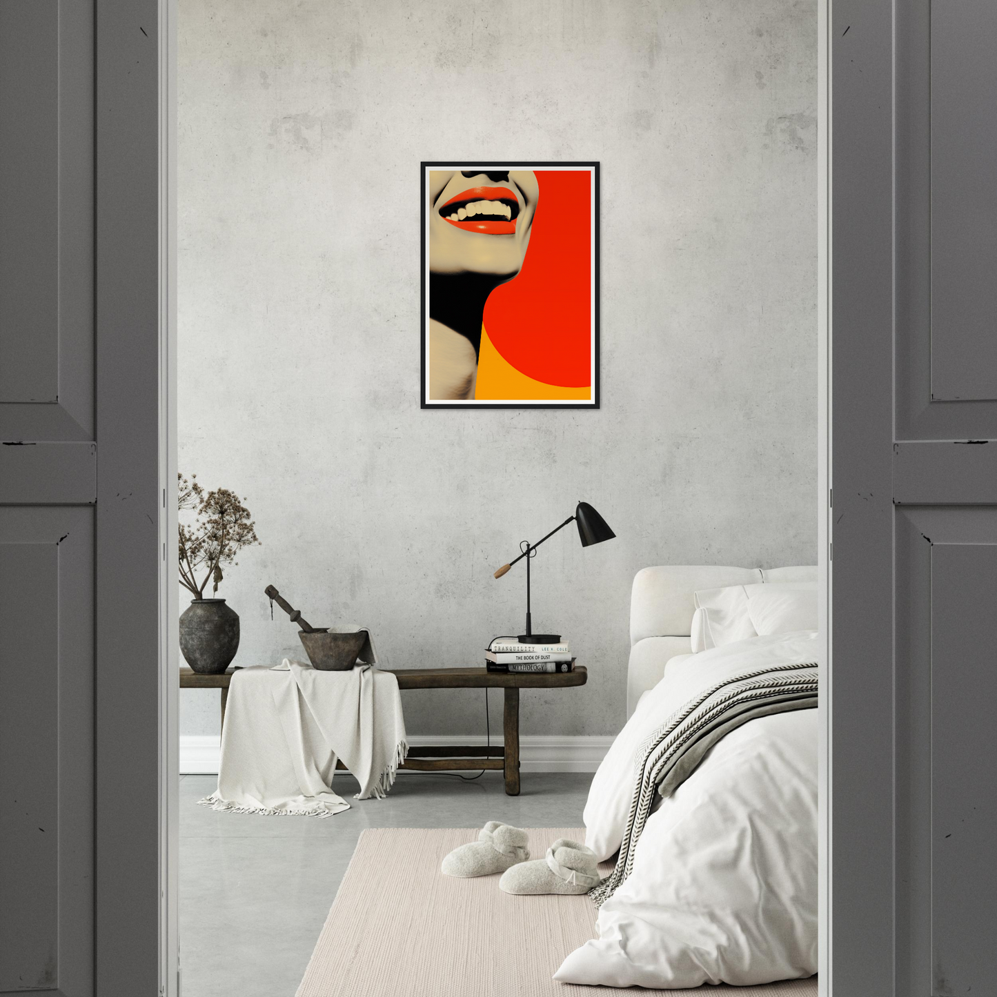 A woman’s face with a red background framed in a room