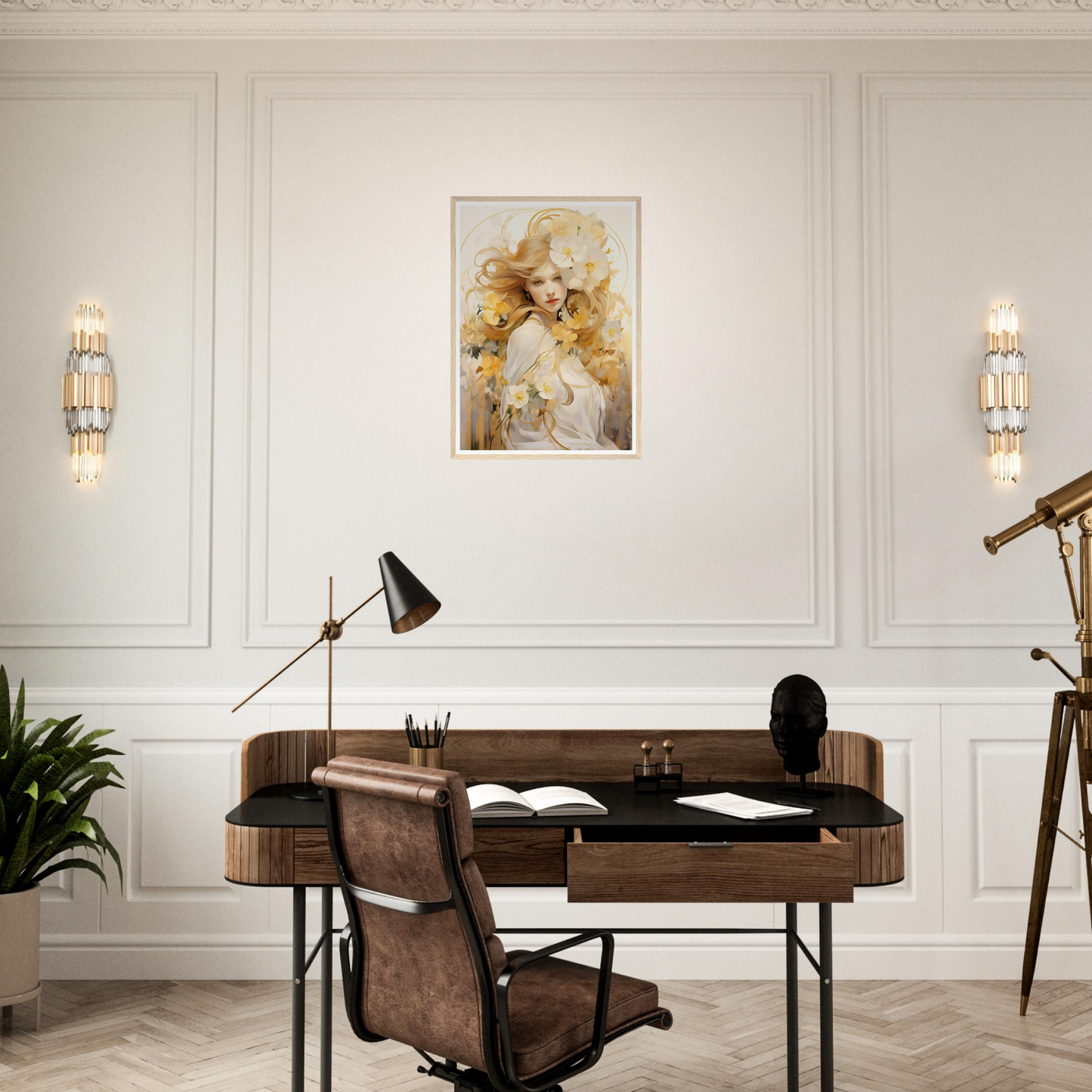 A wooden desk with a black chair and a painting on the wall