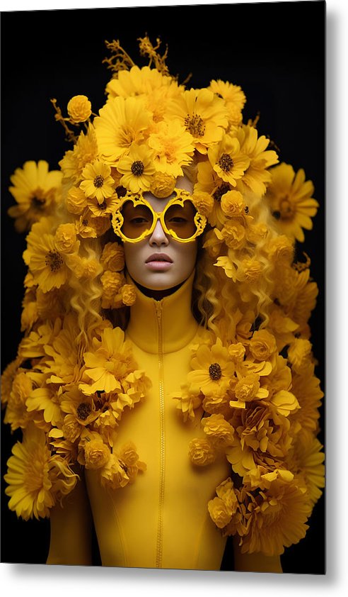 Figure adorned with vibrant yellow flowers and sunglasses against a dark background.