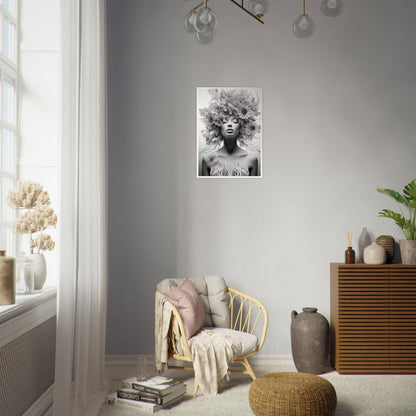 Stylish living room corner with modern decor and a striking black and white portrait on the wall.