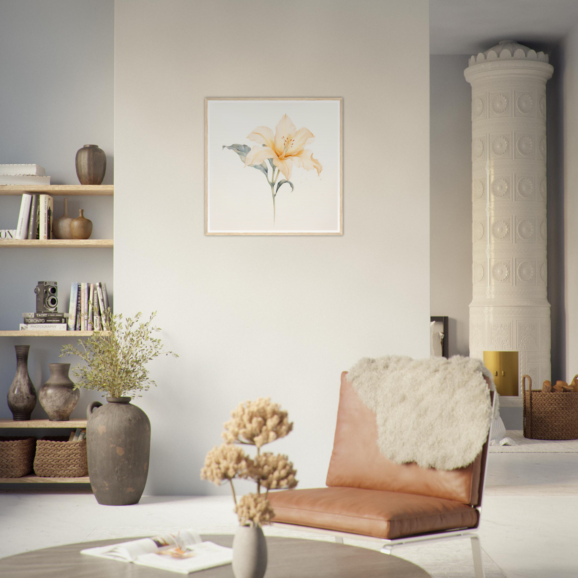 Leather chair with a fluffy white cushion on its seat.