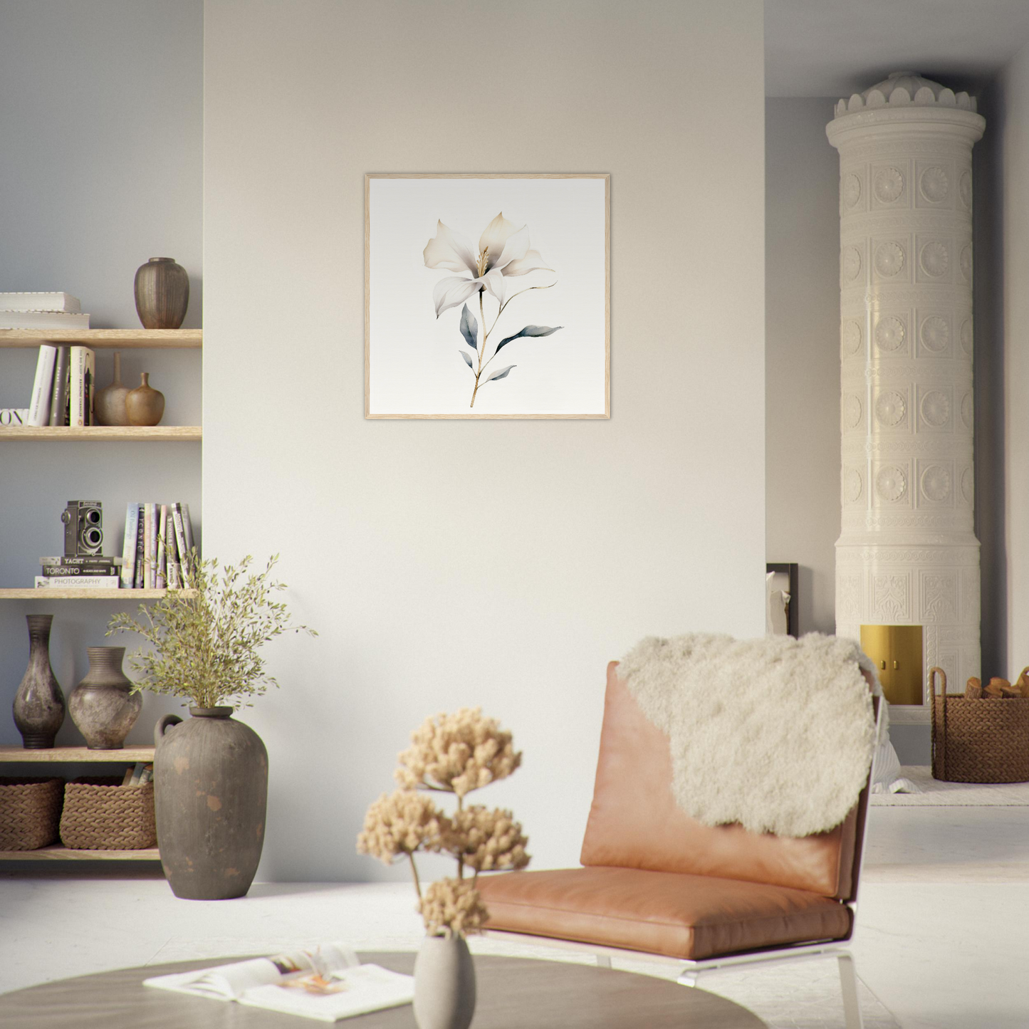 Peach-colored leather chair with a fluffy white cushion.