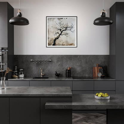 Modern dark grey kitchen featuring Blossom Yin Reverie framed wall art and industrial lights