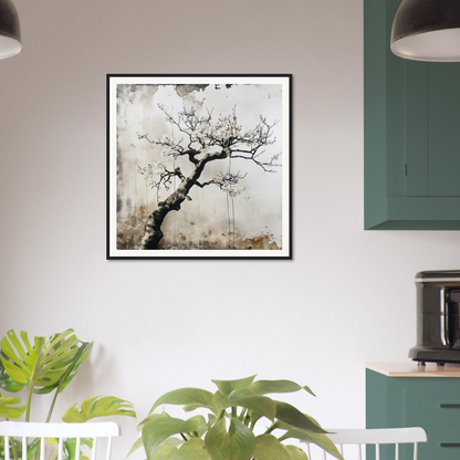 Black and white framed wall art of a twisted tree branch in Blossom Yin Reverie