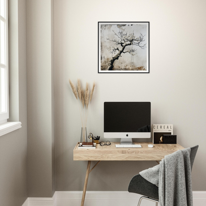 Minimalist wooden desk with iMac and pampas grass from Blossom Yin Reverie collection