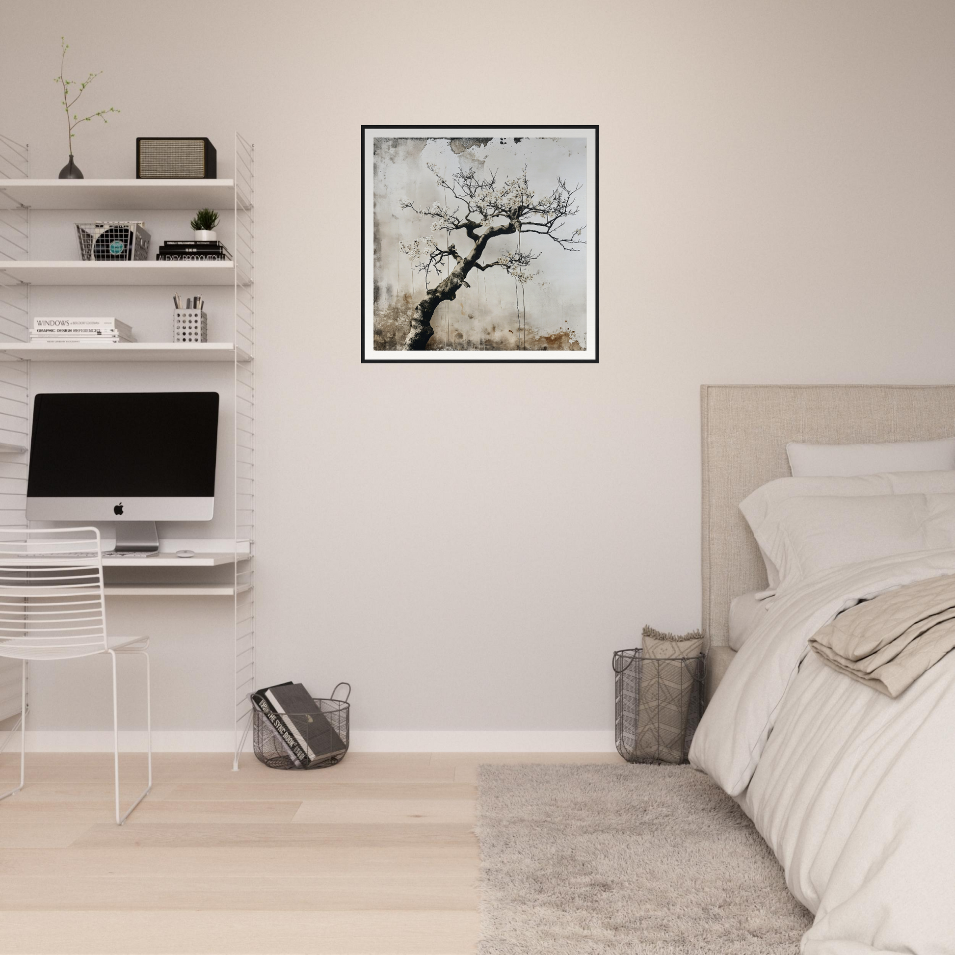 Minimalist Blossom Yin Reverie bedroom with iMac, shelves, and framed wall art