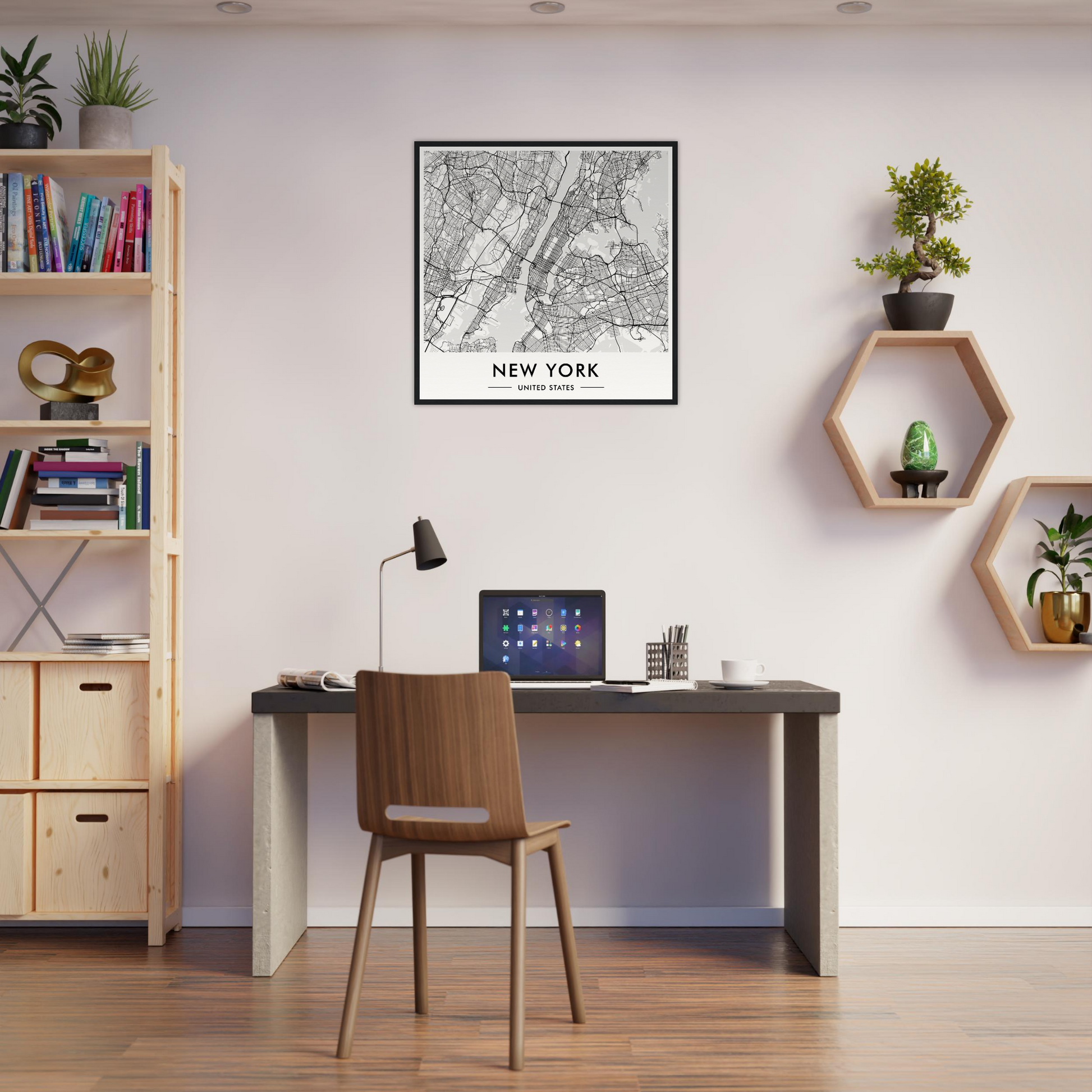 Home office workspace with a desk, chair, and wall decorations.