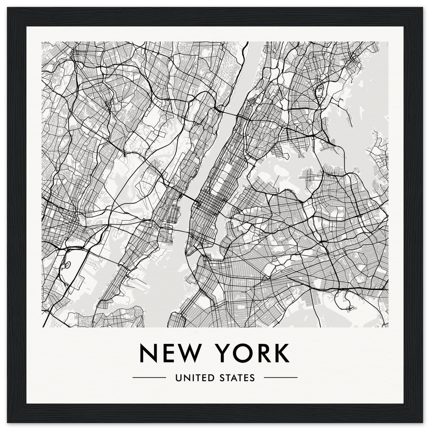 Map of New York City showing streets and boroughs in a minimalist black and white style.