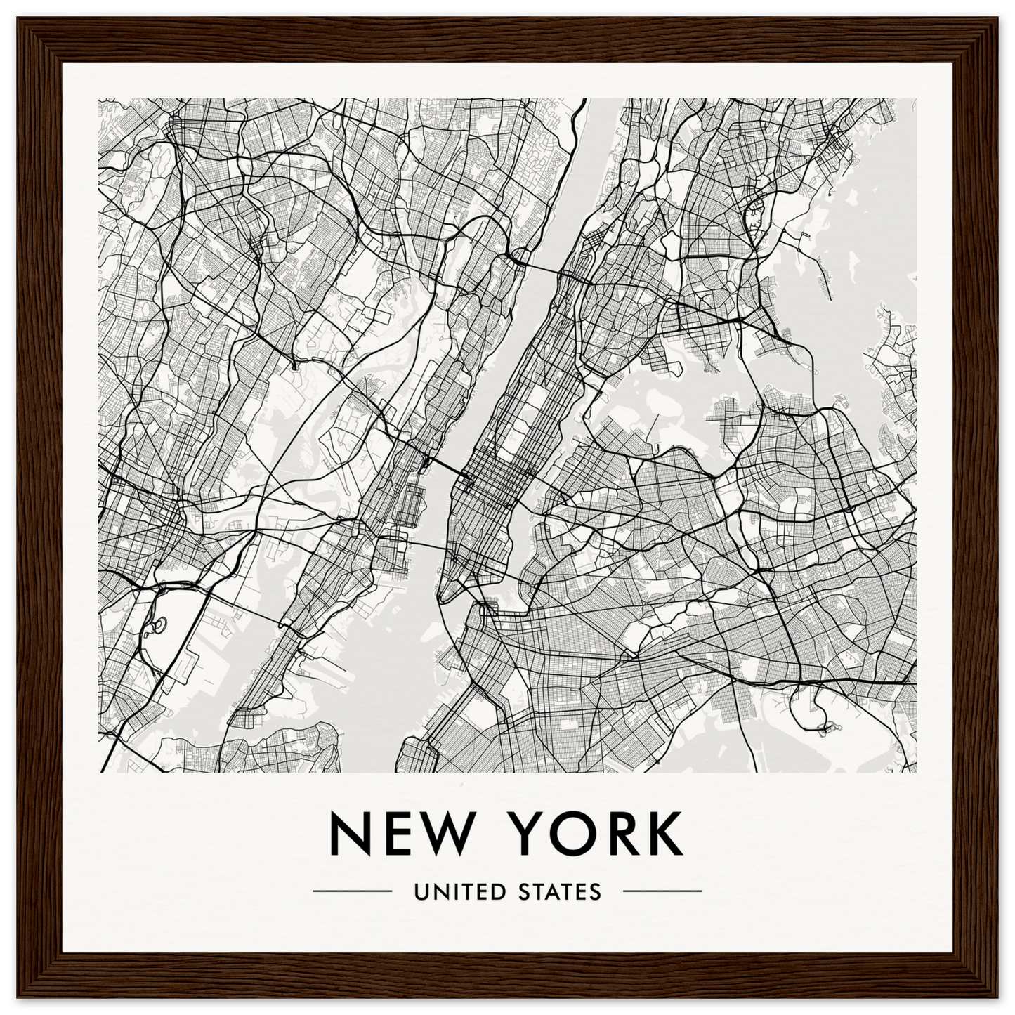 Map of New York City’s street layout and boroughs in a minimalist black and white style.