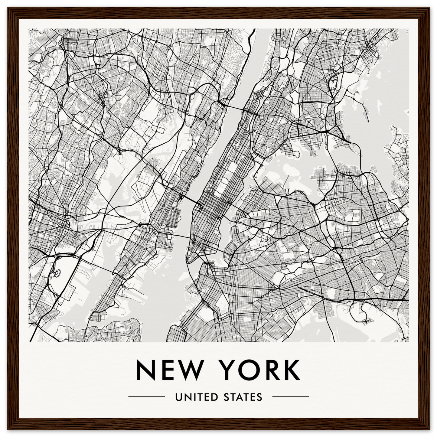 Map of New York City showing its street layout and boroughs in a minimalist black and white design.