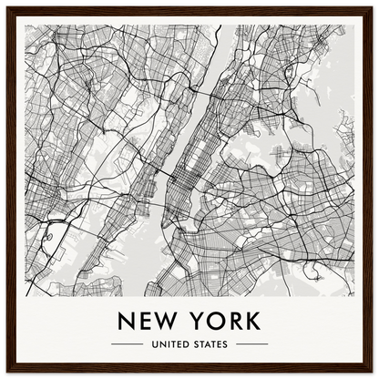 Map of New York City showing its street layout and boroughs in a minimalist black and white design.