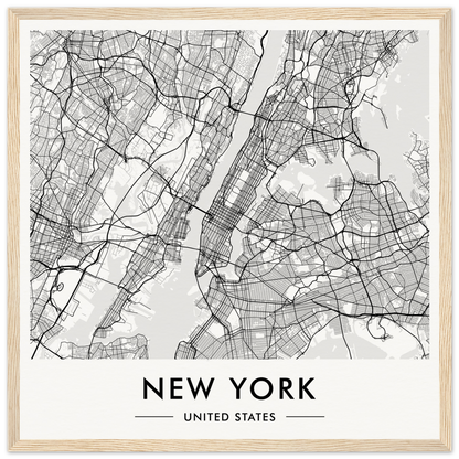 Map of New York City’s street layout and boroughs in black and white.