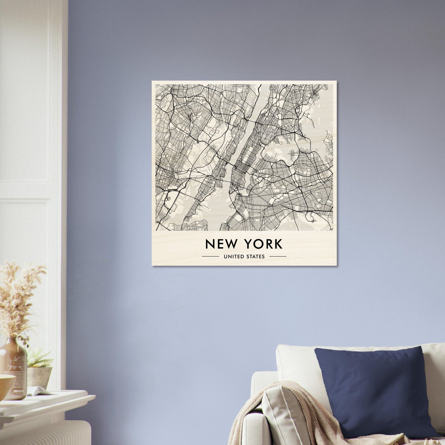 Map of New York City displayed as wall art.