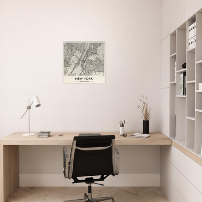 Minimalist wooden desk with a black office chair in a clean, white workspace.