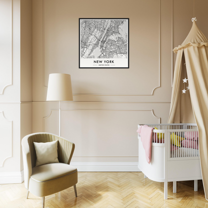 Nursery room with a crib, armchair, and framed New York map on the wall.