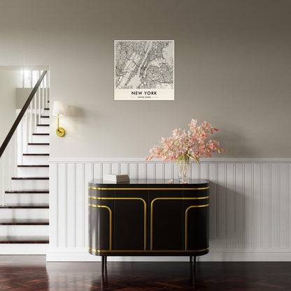 Elegant black and gold console table with curved edges and sleek design.