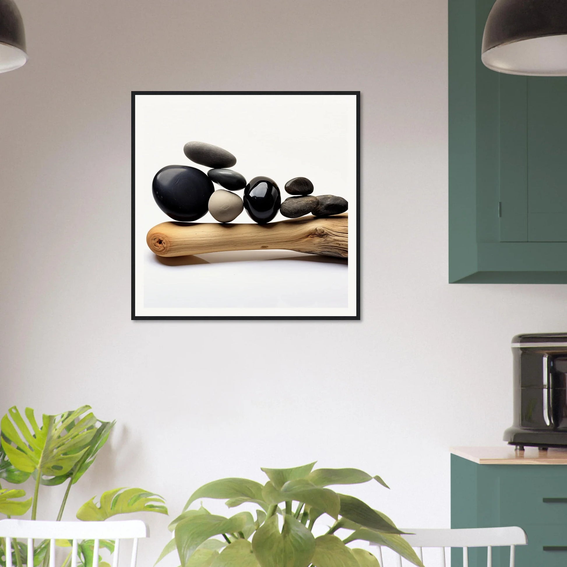 Black stones balanced on driftwood in Zen Balance Riffs special edition art