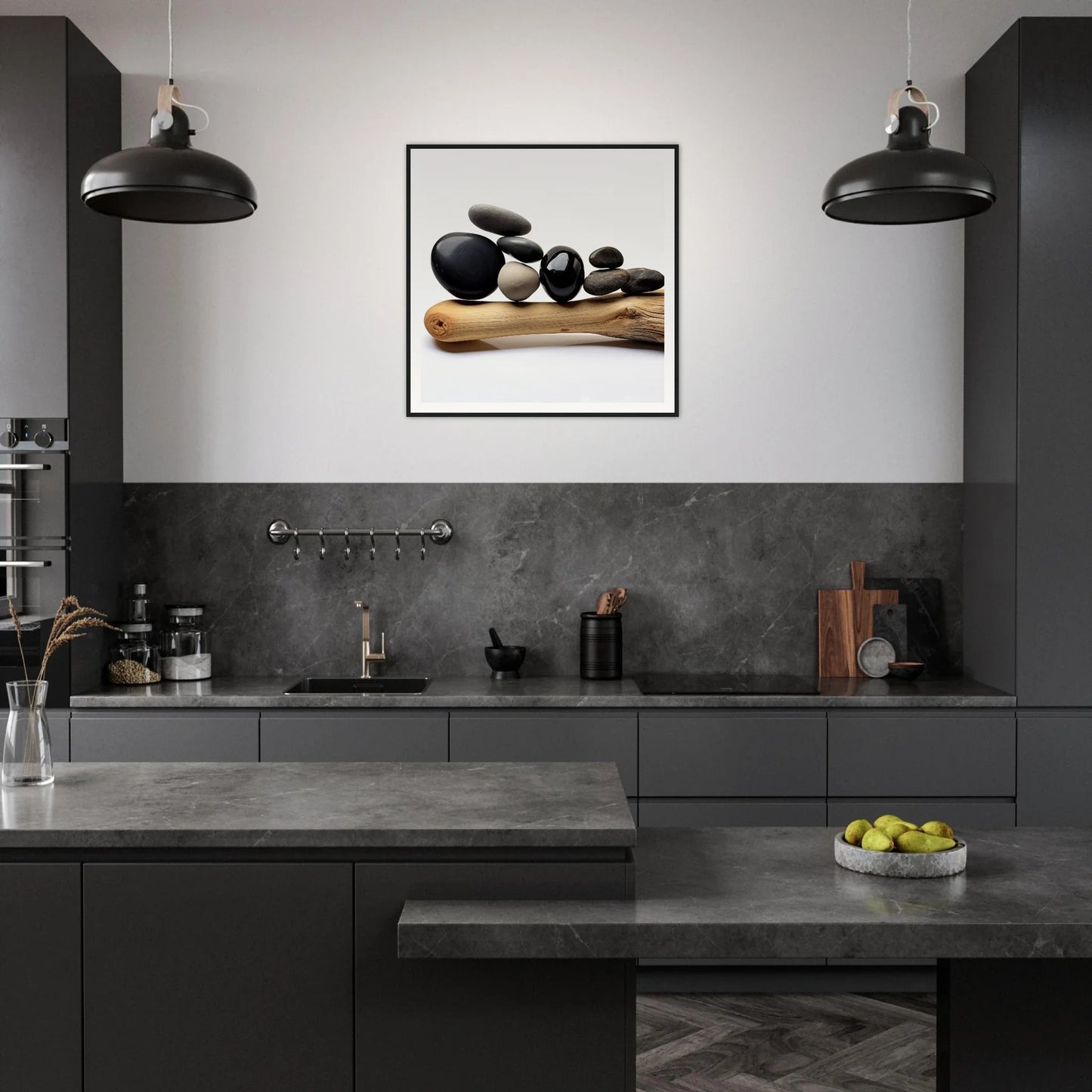 Modern dark gray kitchen with minimalist design, featuring Zen Balance Riffs art