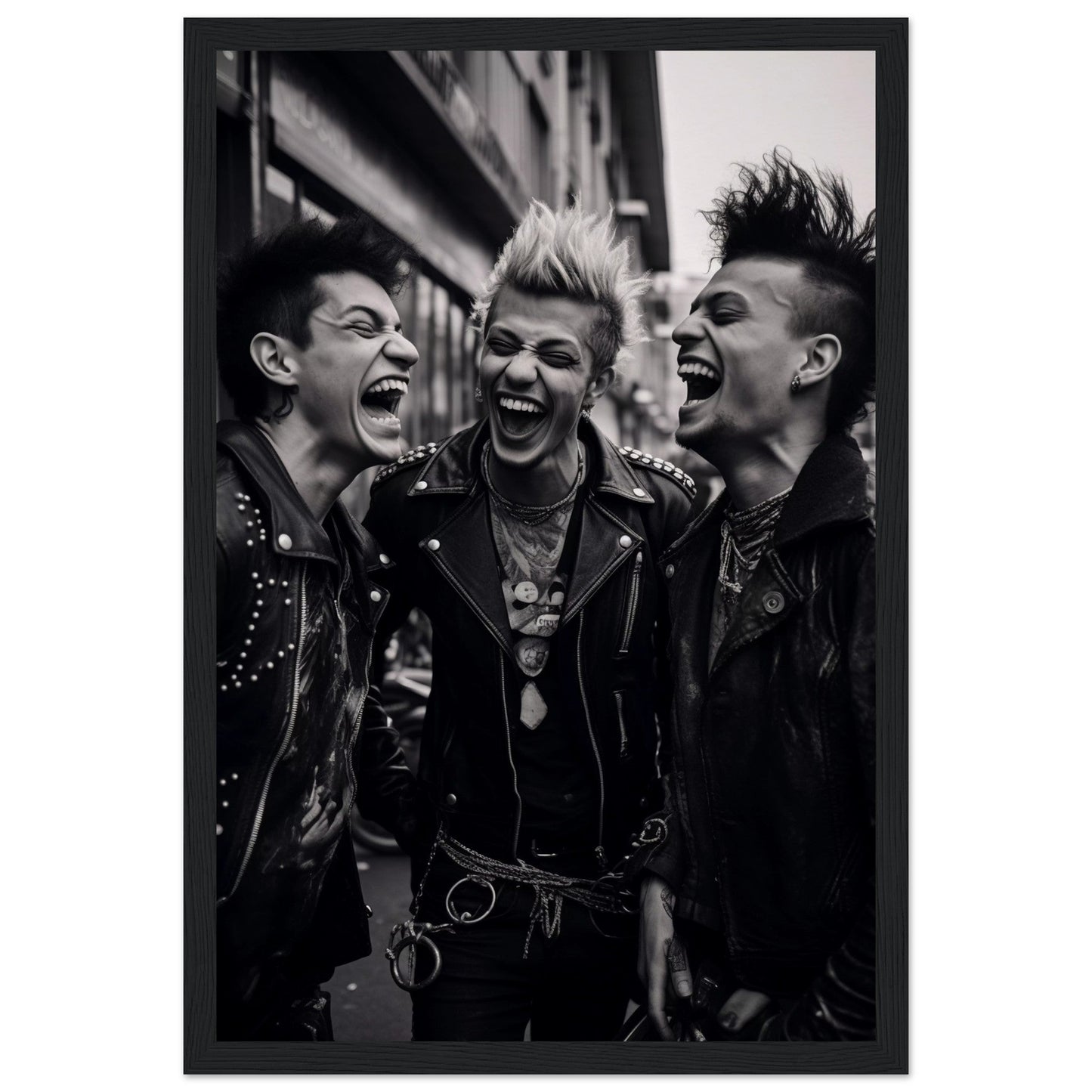 Three punk rockers laughing exuberantly together.