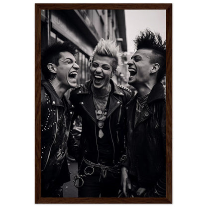 Black and white photograph of three punk rockers laughing exuberantly.