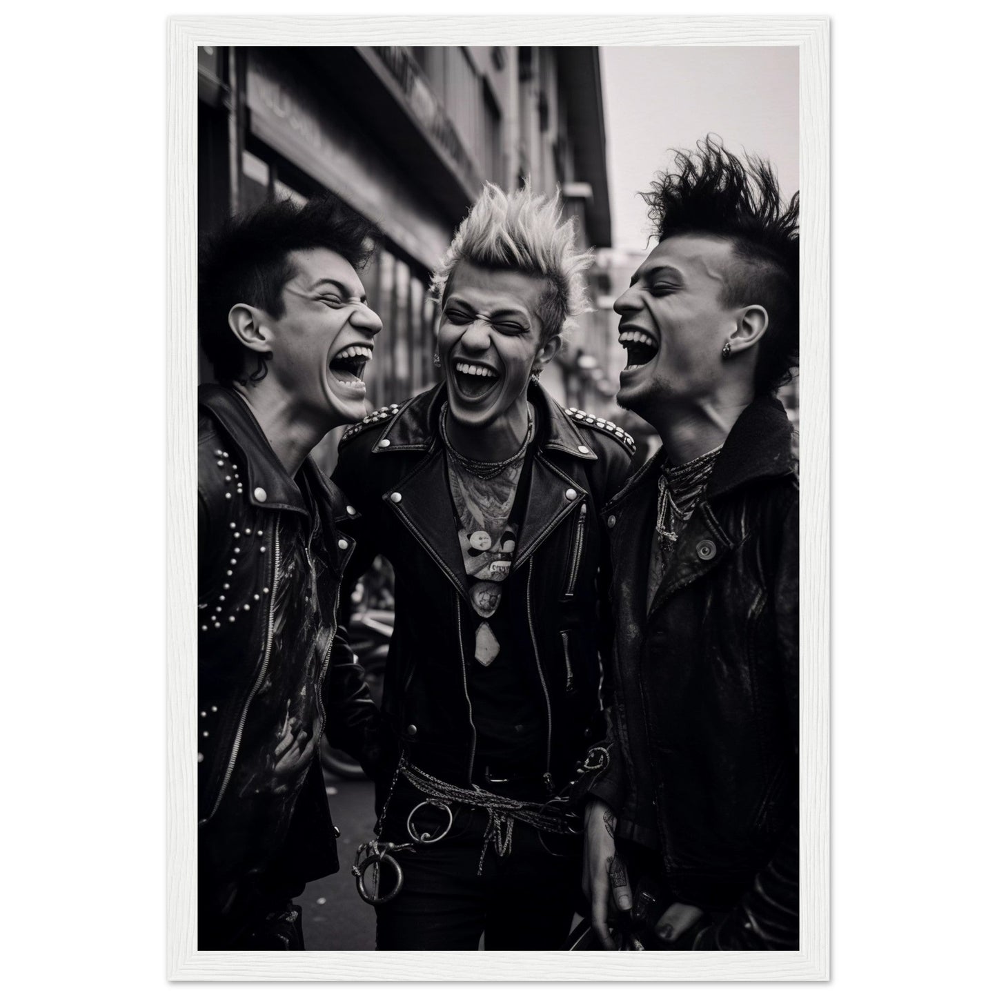 Three punk rockers laughing exuberantly together.