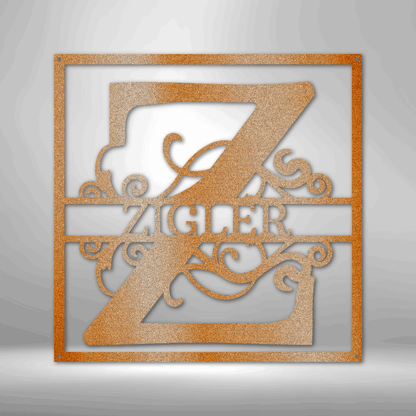 Decorative monogram featuring the letter ’Z’ and name ’ZIEGLER’ in an ornate, framed design.